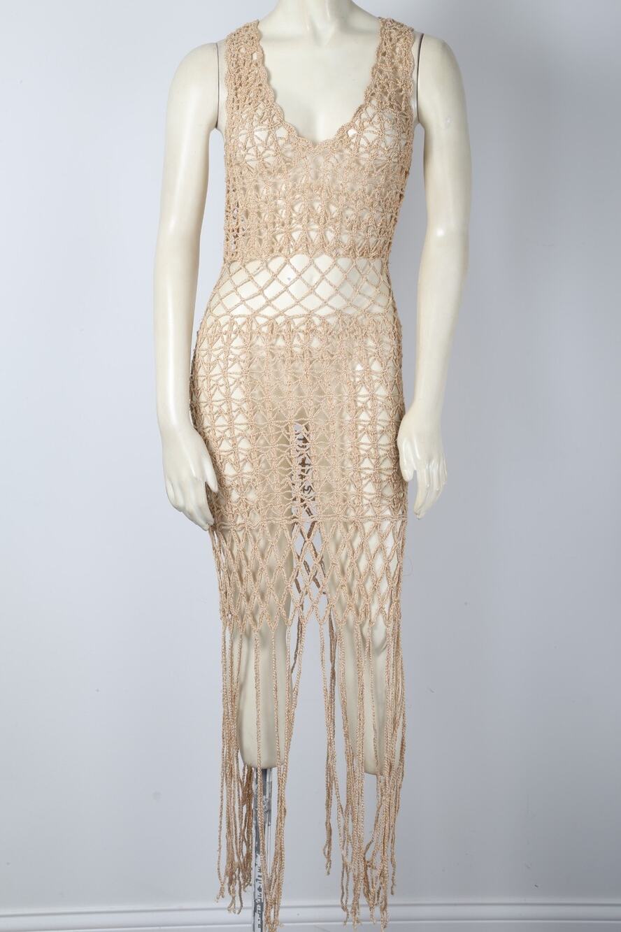 ANNA KOSTUROVA Handmade 100% Cotton Crochet Fringe Macrame Slit Maxi Dress Sz S